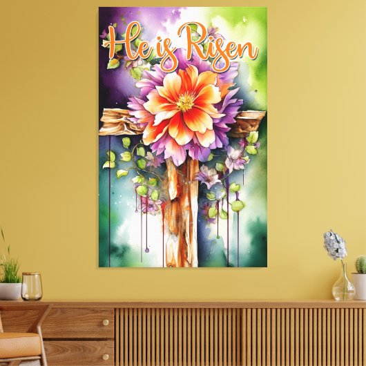 Floral Wood Christelijk Cross, hij is Risen Pasen Canvas Afdruk (Insitu (Woonkamer))