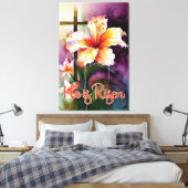 Floral Wood Christelijk Cross, hij is Risen Pasen  Canvas Afdruk (Insitu (Slaapkamer))
