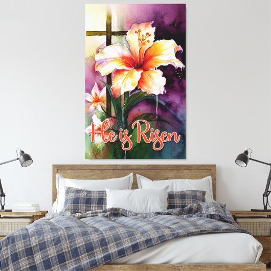 Floral Wood Christelijk Cross, hij is Risen Pasen  Canvas Afdruk (Insitu (Slaapkamer))
