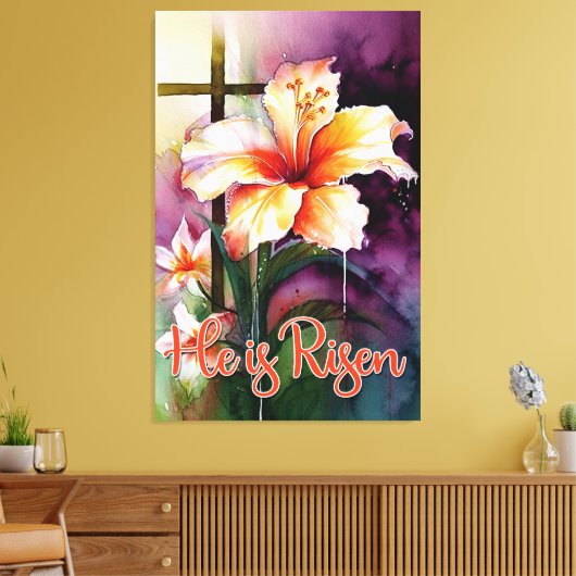 Floral Wood Christelijk Cross, hij is Risen Pasen  Canvas Afdruk (Insitu (Woonkamer))
