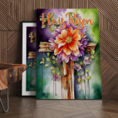 Floral Wood Christelijk Cross, hij is Risen Pasen  Canvas Afdruk
