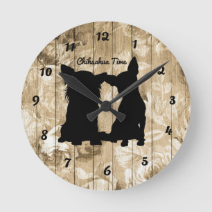 Floral Wood Faux Chihuahua Silhouette Wall Clock Ronde Klok