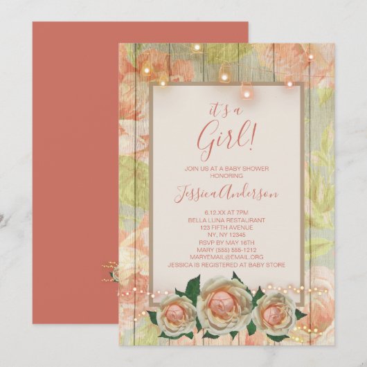 Floral Wood Roos Mason Jar Light Baby shower Kaart (Voorkant / Achterkant)