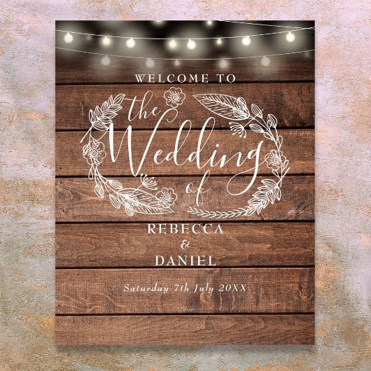 Floral Wood String Lights Bruiloft Welkomstbord Poster