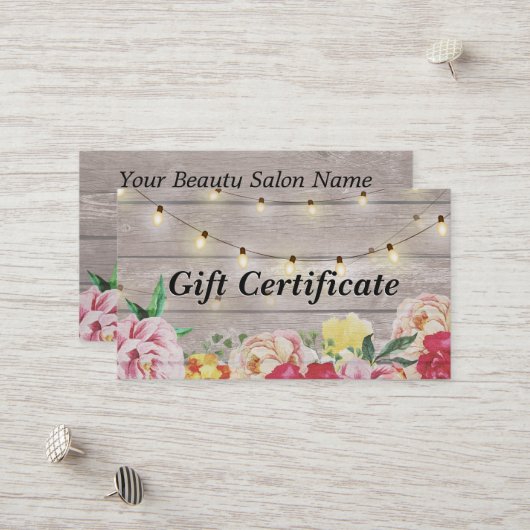 Floral Wood & String Lights Salon Gift Certificate Kortingskaartje (Voorkant / Achterkant in situ)