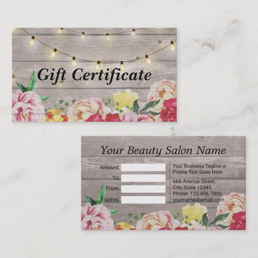 Floral Wood & String Lights Salon Gift Certificate Kortingskaartje (Voorkant / Achterkant)