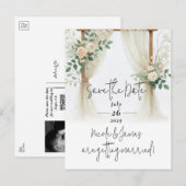 Floral Wooden Arch Greenery Rozen Save the Date Aankondigingskaart (Voorkant / Achterkant)