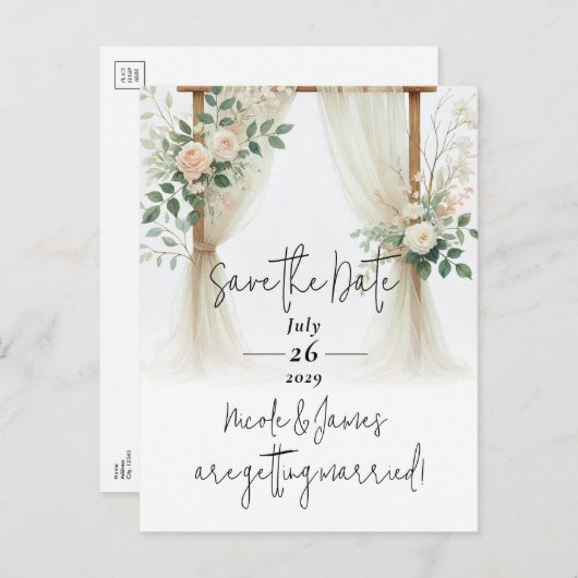 Floral Wooden Arch Greenery Rozen Save the Date Aankondigingskaart (Voorkant / Achterkant)