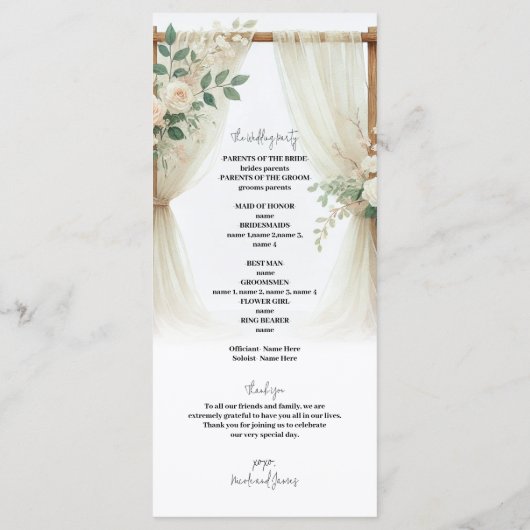 Floral Wooden Arch Greenery Rozen Trouwprogramma Programmakaart (Achterkant)