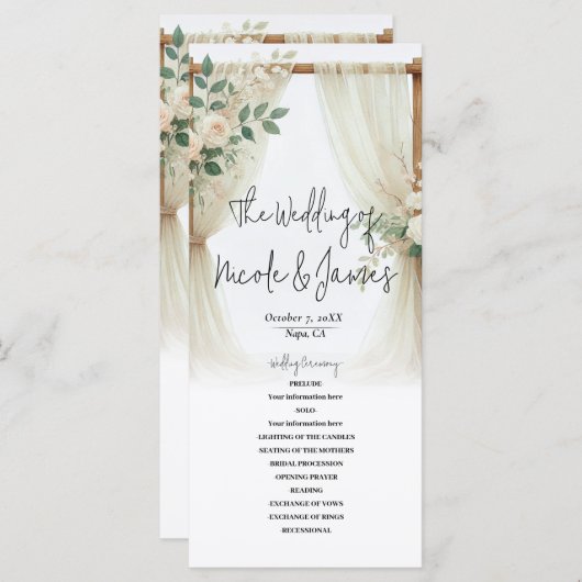 Floral Wooden Arch Greenery Rozen Trouwprogramma Programmakaart (Voorkant / Achterkant)