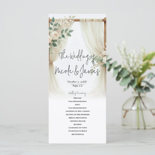 Floral Wooden Arch Greenery Rozen Trouwprogramma Programmakaart (Staand voorkant)
