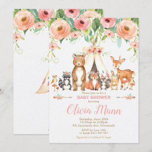 Floral Woodland Animals Baby shower Forest Girl Kaart
