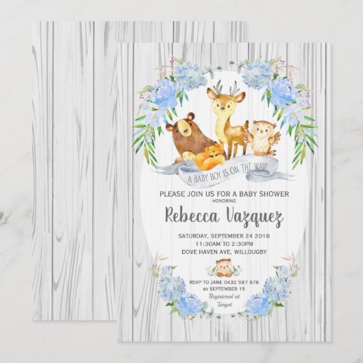 Floral Woodland Animals Baby shower Invitation Boy Kaart (Voorkant / Achterkant)