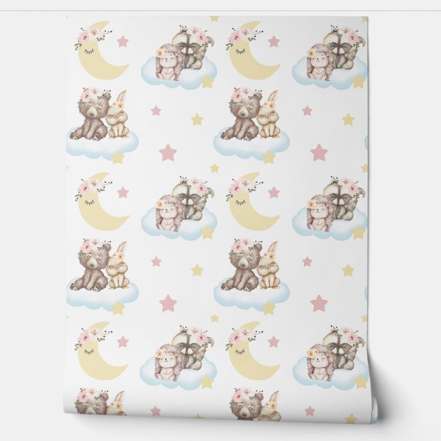 Floral Woodland Animals Clouds Stars Moon Nursery Behang (Afrollen)