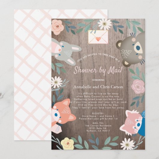 Floral Woodland Animals Roze Baby shower per post Kaart (Voorkant / Achterkant)