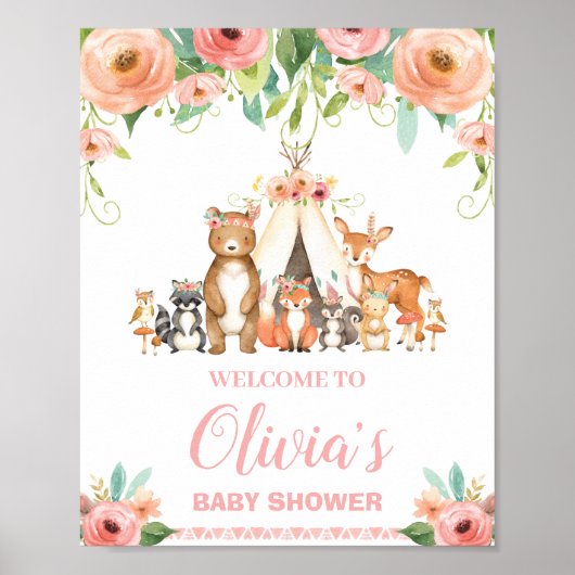 Floral Woodland Baby shower Birthday Welcome Poster (Voorkant)