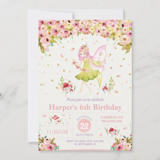 Floral Woodland Fairy Birthday Invitation Girl Kaart (Voorkant)