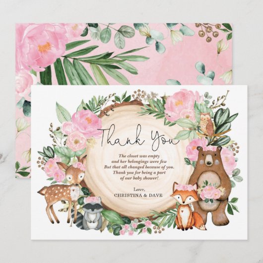  Floral Woodland Girl Baby shower Dank je Bedankkaart (Voorkant / Achterkant)