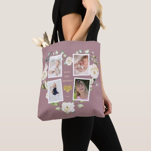 Floral World's Best Grandma Photo Moederdag Tote Bag (Dichtbij)