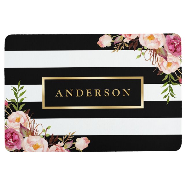  Floral Wrap Classic Black White Stripes Vloermat (Voorkant)