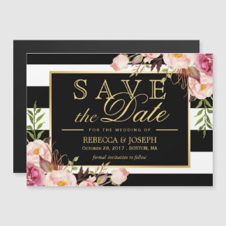 Floral Wrapped Black & White Striped Save the Date Magnetische Uitnodiging