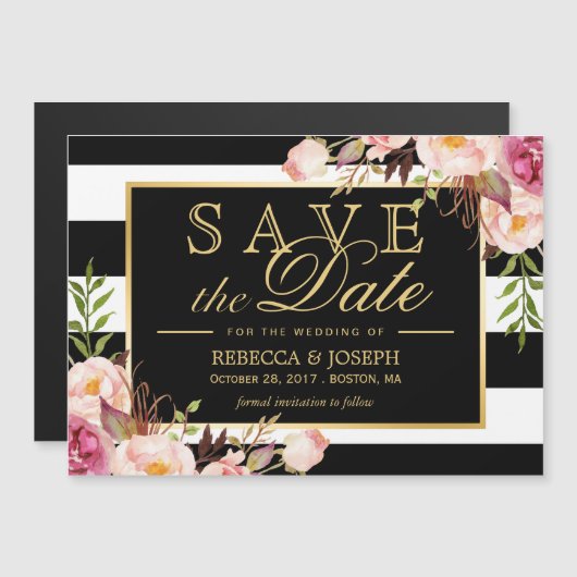 Floral Wrapped Black & White Striped Save the Date Magnetische Uitnodiging (Voorkant / Achterkant)