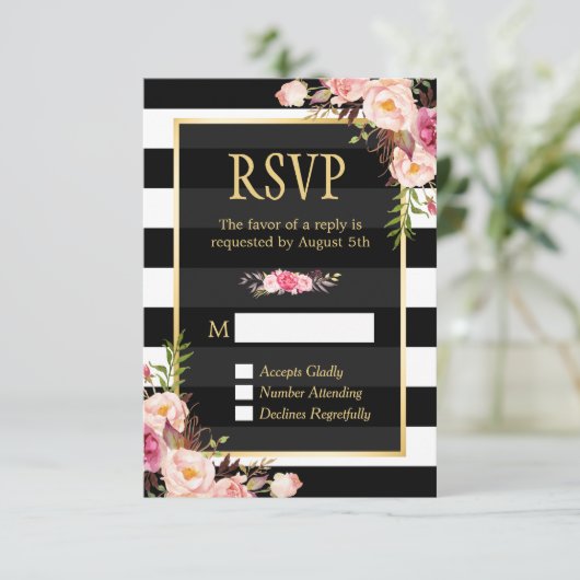  Floral Wrapping B&W Stripes RSVP Antwoord (Staand voorkant)