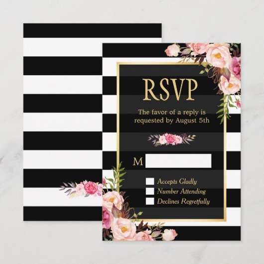  Floral Wrapping B&W Stripes RSVP Antwoord (Voorkant / Achterkant)