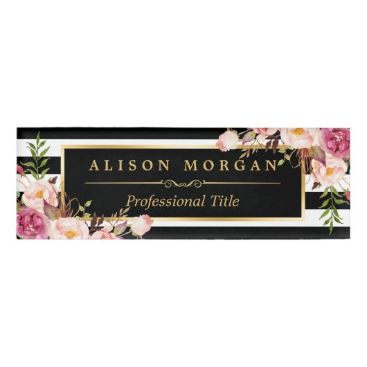 Floral Wrapping Gold Black White Stripes Naambadge (Voorkant)