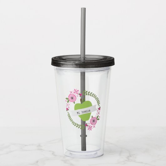 Floral Wreate Green Apple Personalized Teacher Acryl Drinkbeker (Voorkant)