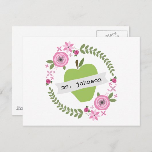 Floral Wreate Green Apple Personalized Teacher Briefkaart (Voorkant / Achterkant)