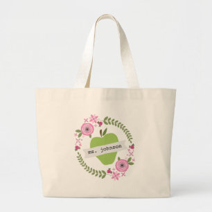 Floral Wreate Green Apple Personalized Teacher Grote Tote Bag