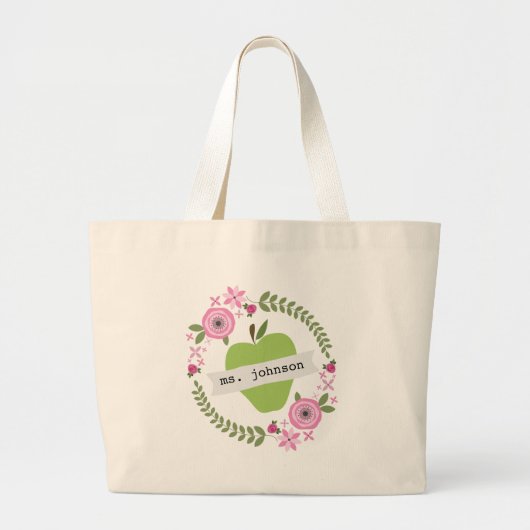 Floral Wreate Green Apple Personalized Teacher Grote Tote Bag (Voorkant)
