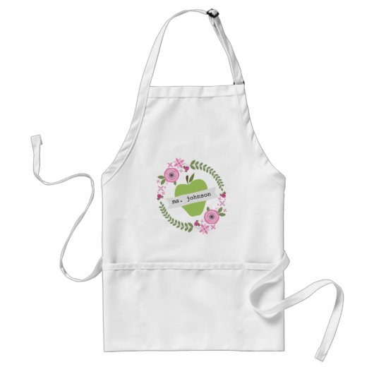 Floral Wreate Green Apple Personalized Teacher Standaard Schort (Voorkant)