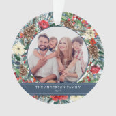 Floral Wreated Kerstmis Aangepast Foto Blauw Ornament (voorkant)