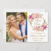 Floral Wreated Pink Gold Save the Date Photo (Voorkant)