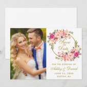 Floral Wreated Pink Gold Save the Date Photo (Voorkant / Achterkant)
