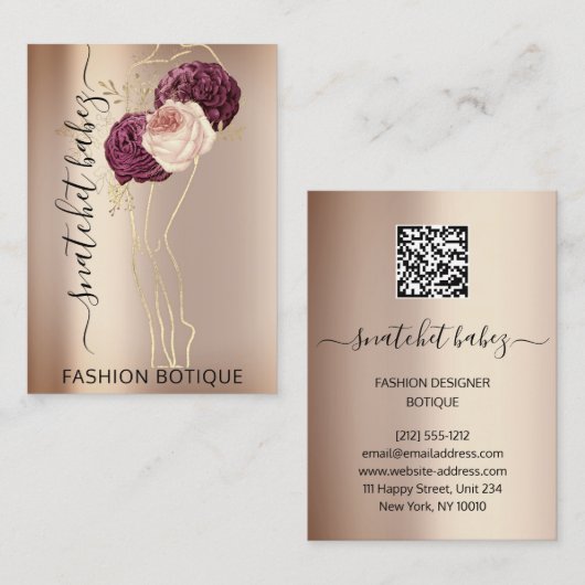 Floral Wreated Roos Marsala QR Code Body Stylist Visitekaartje (Voorkant / Achterkant)