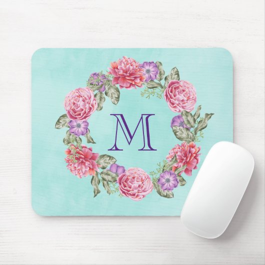 Floral Wreated Waterverf Flowers Custom Monogram Muismat (Met muis)