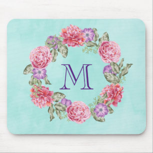 Floral Wreated Waterverf Flowers Custom Monogram Muismat