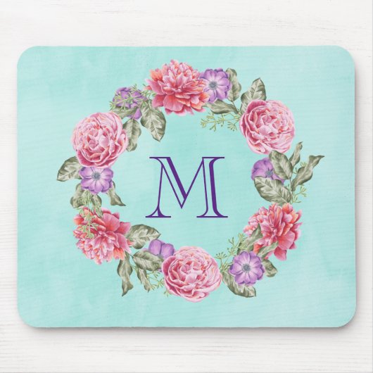 Floral Wreated Waterverf Flowers Custom Monogram Muismat (Voorkant)