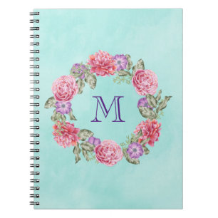 Floral Wreated Waterverf Flowers Custom Monogram Notitieboek
