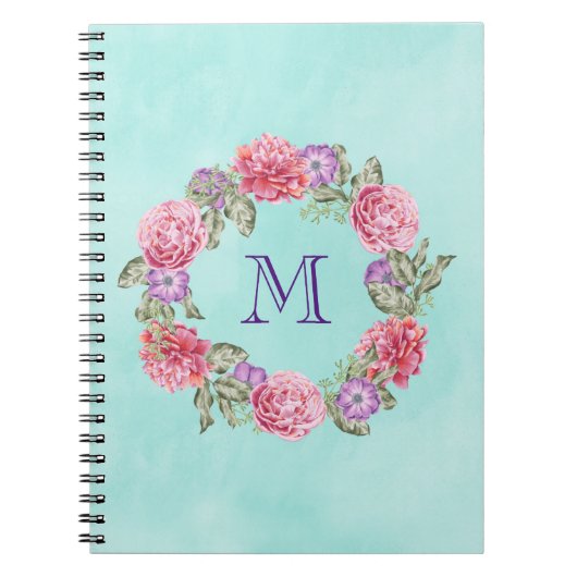 Floral Wreated Waterverf Flowers Custom Monogram Notitieboek (Voorkant)