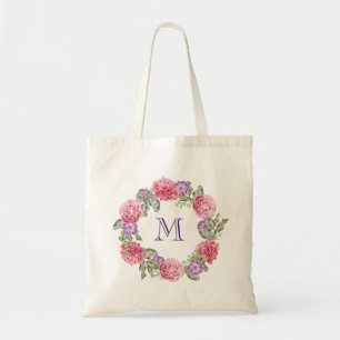 Floral Wreated Waterverf Flowers Custom Monogram Tote Bag