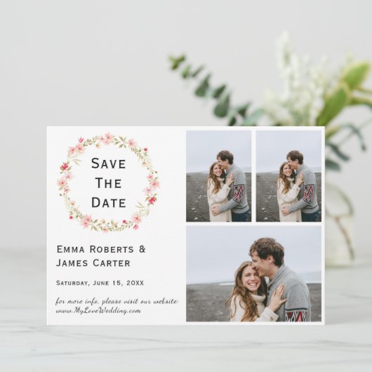 Floral Wreath 3-Foto Sla de datum op Save The Date (Staand voorkant)