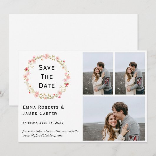 Floral Wreath 3-Foto Sla de datum op Save The Date (Voorkant / Achterkant)