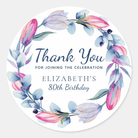Floral Wreath 80th Birthday Dank je wel klasse Ronde Sticker (Voorkant)