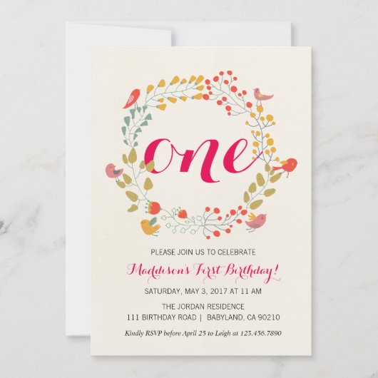Floral Wreath Baby eerste verjaardag uitnodiging (Voorkant)