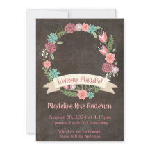 Floral Wreath Baby Girl Photo Birth Announcement