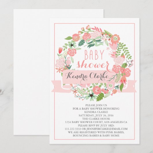  FLORAL WREATH | BABY SHOWER INVITATIE KAART (Voorkant / Achterkant)